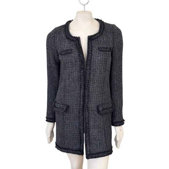 ZARA Wool Blend Fringe Trim Metallic Weave Long Tweed Blazer Jacket SZ S - Picture 10 of 10